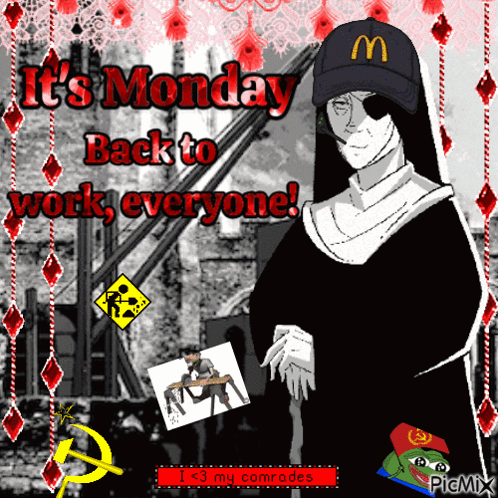 a nun wearing a mcdonald 's hat says it 's monday
