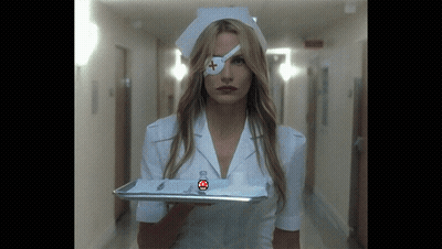 A Nurse With A Bandage On Her Eye Holds A Tray Of Supplies GIF