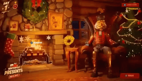 A Nutcracker Is Sitting In Front Of A Fireplace With A Christmas Tree . GIF