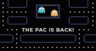A Pac Man Game With The Words " The Pac Is Back " GIF