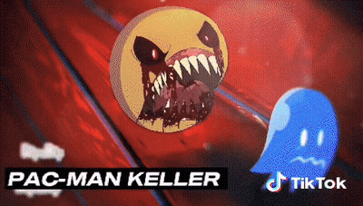 A Pac-Man Keller Advertisement With A Blue Ghost In The Background GIF