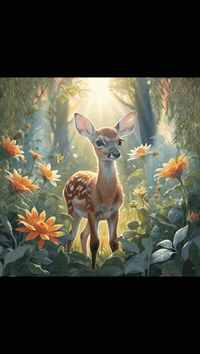 A Painting Of A Baby Deer Surrounded By Flowers In A Forest GIF