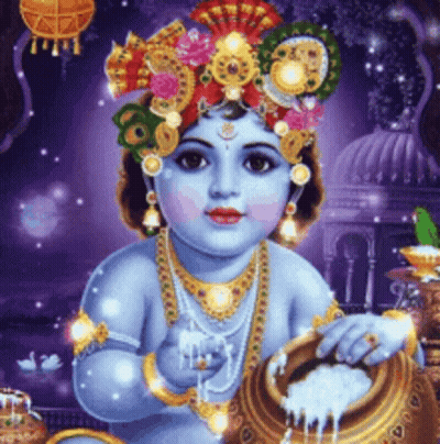 A Painting Of A Baby Krishna Holding A Pot Of Food GIF