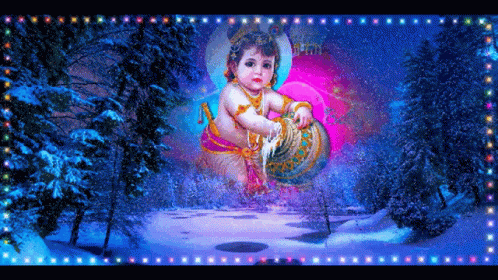 A Painting Of A Baby Krishna In A Snowy Forest With Trees In The Background GIF