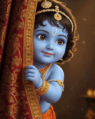 A Painting Of A Baby Krishna Peeking Out From Behind A Red And Gold Curtain GIF