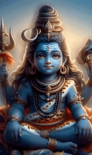 A Painting Of A Baby Shiva With A Trident And A Crown On His Head GIF