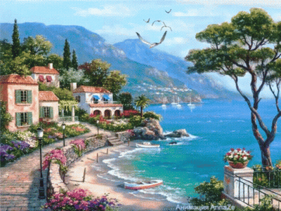 A Painting Of A Beach With Boats In The Water And Mountains In The Background Has The Word Animation On The Bottom Right GIF