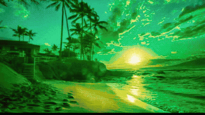 A Painting Of A Beach With Palm Trees And A Sunset In The Background GIF