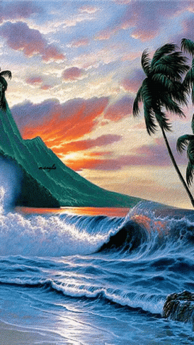 A Painting Of A Beach With Palm Trees And A Sunset GIF