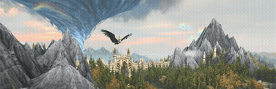 A Painting Of A Bird Flying Over A Castle In The Mountains GIF