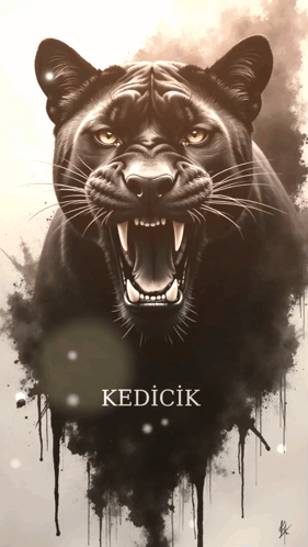 A Painting Of A Black Panther With The Word Kedicik Underneath It GIF