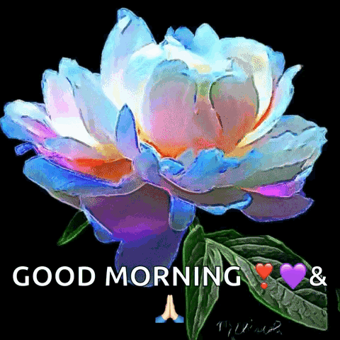 A Painting Of A Blue And Purple Flower With The Words Good Morning On It GIF