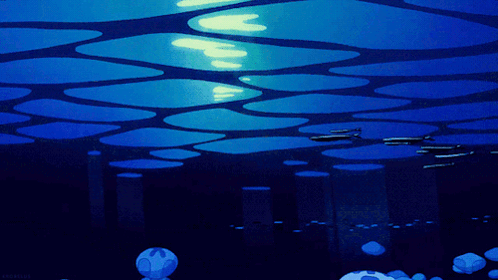A Painting Of A Blue Ocean With A Few Bubbles Floating In The Water GIF