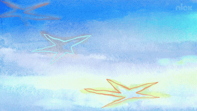 A Painting Of A Blue Sky With A Nick Logo On The Bottom Right GIF