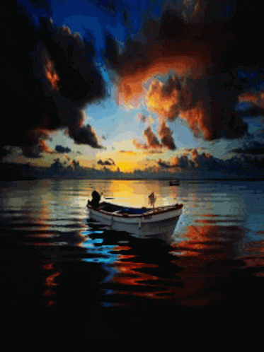 A Painting Of A Boat In A Body Of Water With A Sunset In The Background GIF
