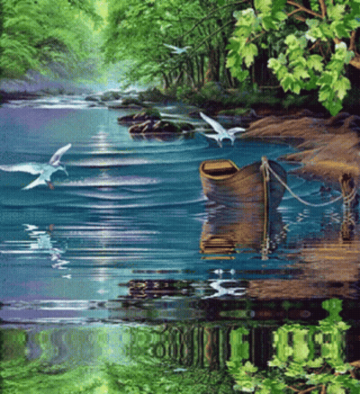 A Painting Of A Boat In A River With Seagulls Flying Over It GIF