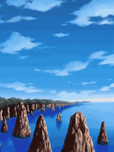 A Painting Of A Body Of Water With Rocks In The Water GIF