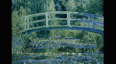 A Painting Of A Bridge Over A Pond GIF