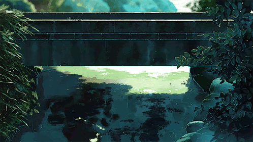 A Painting Of A Bridge Over A River With Trees In The Foreground GIF
