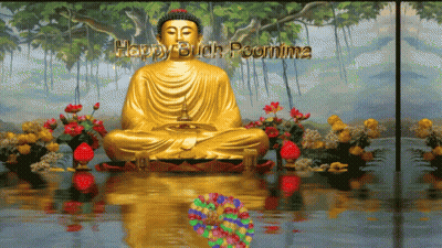 A Painting Of A Buddha In A Pond With The Words Happy Buddh Pournima GIF