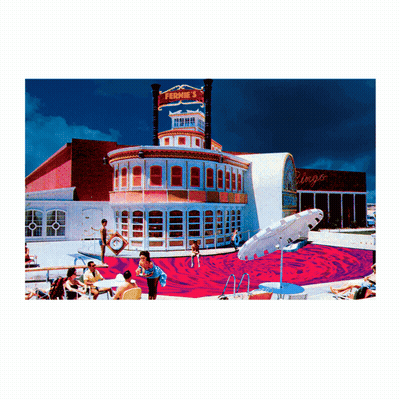 A Painting Of A Building With A Sign That Says " Fermie 'S " GIF
