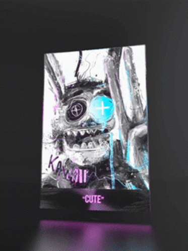 A Painting Of A Bunny With A Cross In Its Eye And The Word Cute On The Bottom GIF