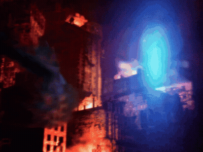 A Painting Of A Burning Building With A Blue Light In The Middle GIF