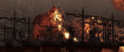 A Painting Of A Burning City With A Few Boats In The Water GIF