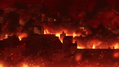 A Painting Of A Burning City With The Word Fire On The Bottom GIF