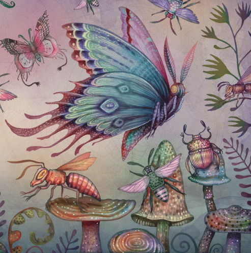 A Painting Of A Butterfly Surrounded By Mushrooms And Bugs GIF