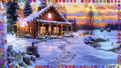 A Painting Of A Cabin In The Snow With Christmas Lights GIF
