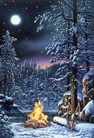 A Painting Of A Campfire In The Snow GIF