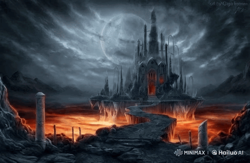 A Painting Of A Castle In The Middle Of A Volcano With The Words Minimax Hailuo Ai On The Bottom GIF