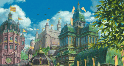 A Painting Of A Castle With A Clock On The Top GIF