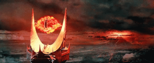 A Painting Of A Castle With A Large Eye On It GIF