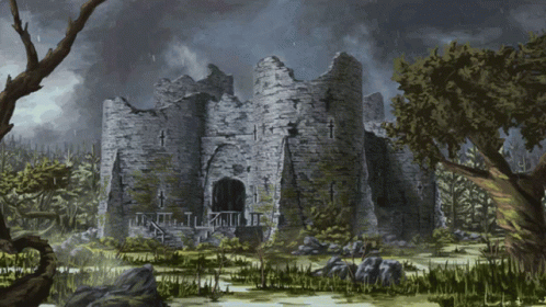 A Painting Of A Castle With Trees In The Foreground GIF