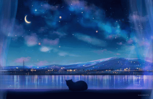 A Painting Of A Cat Looking Out A Window At A Night Sky GIF