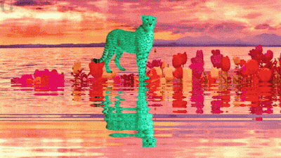 A Painting Of A Cheetah In The Water With Flowers In The Background GIF