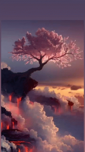 A Painting Of A Cherry Blossom Tree On A Cliff GIF