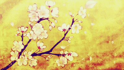 A Painting Of A Cherry Blossom Tree With The Name Panda On The Bottom Right Corner GIF