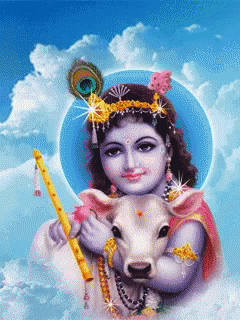 A Painting Of A Child Holding A Cow And A Flute GIF