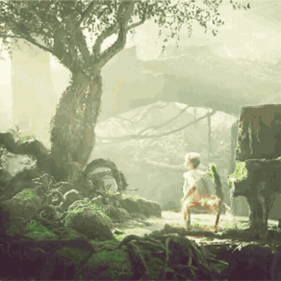 A Painting Of A Child Sitting Under A Tree In A Forest GIF