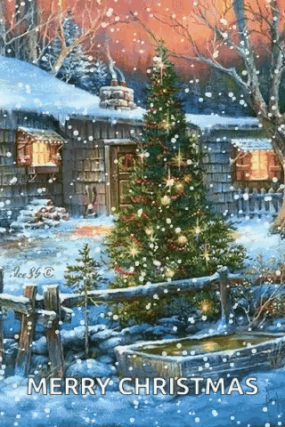 A Painting Of A Christmas Tree In Front Of A House In The Snow . GIF