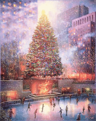 A Painting Of A Christmas Tree With People Ice Skating In Front Of It GIF