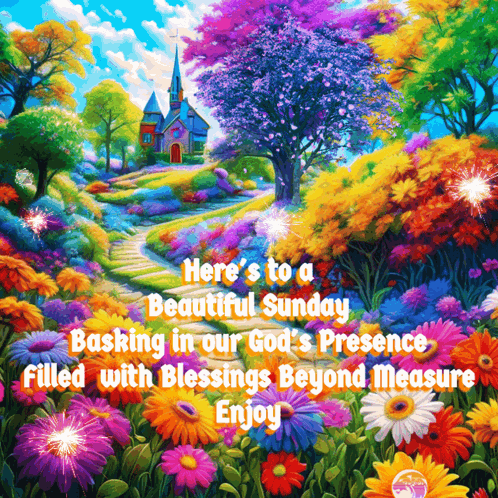 A Painting Of A Church In A Field Of Flowers GIF