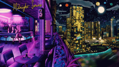 A Painting Of A City At Night With The Words " Midnight Series " GIF