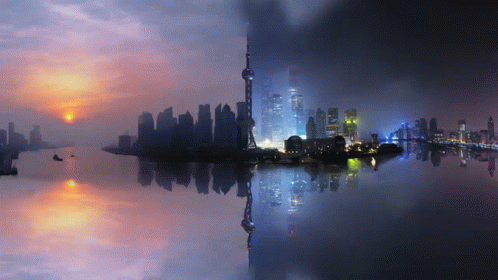 A Painting Of A City Skyline At Sunset And At Night GIF