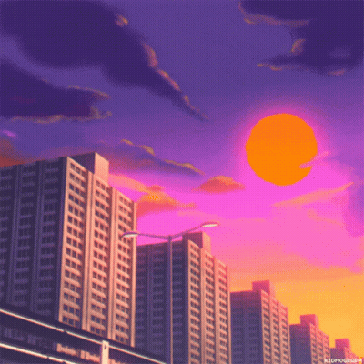 A Painting Of A City Skyline At Sunset With The Word Kidhoograph On The Bottom GIF