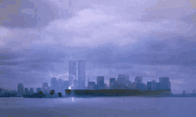 A Painting Of A City Skyline With A Lightning Strike In The Distance GIF