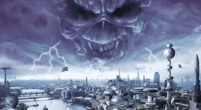 A Painting Of A City With A Skull In The Background GIF